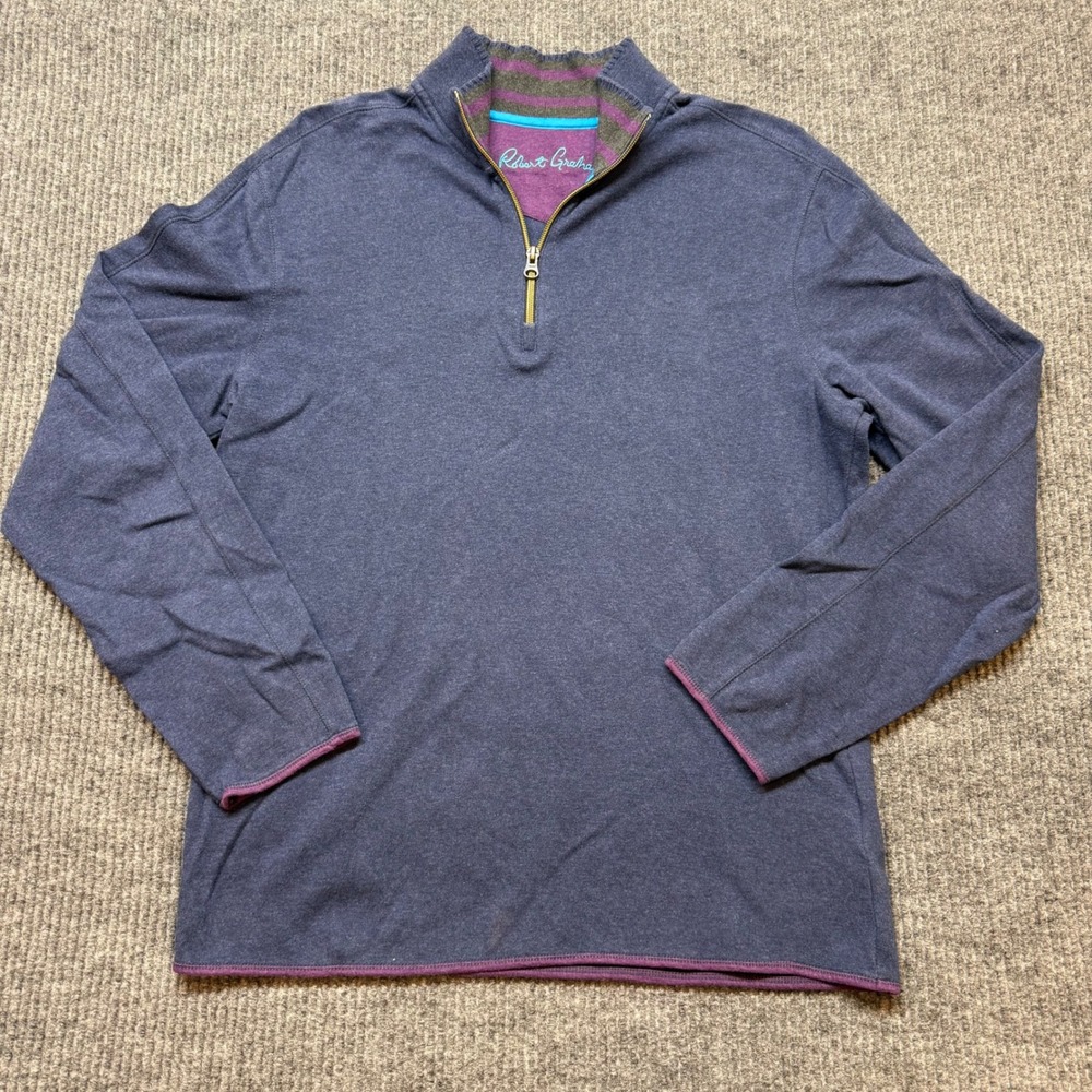 Robert Graham Blue Quarter Zip Pullover Sweater Medium Cotton Luxury Casual